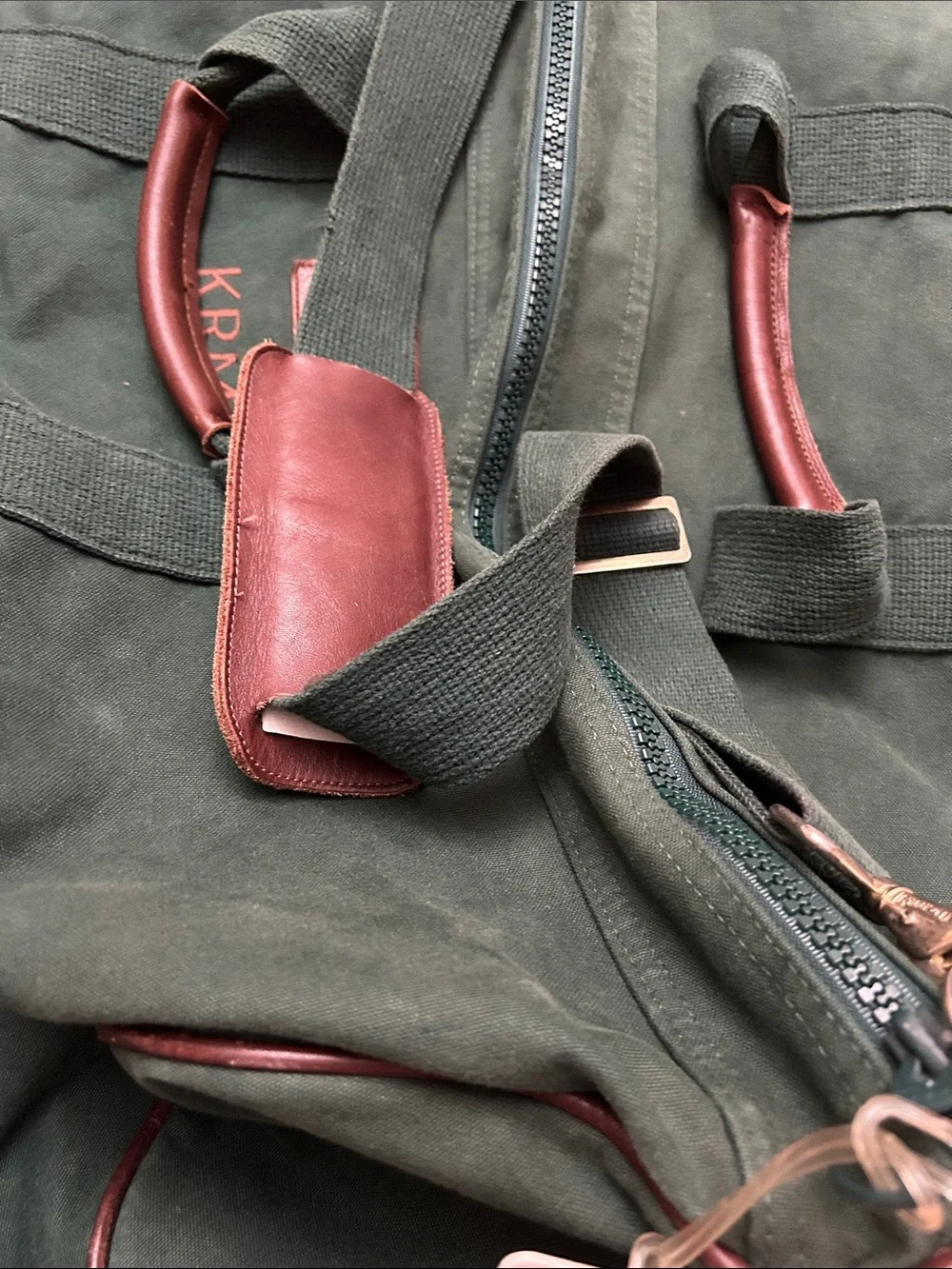 VTG Lands' End Dark Green Canvas Duffel with Brown Trim large square rigger